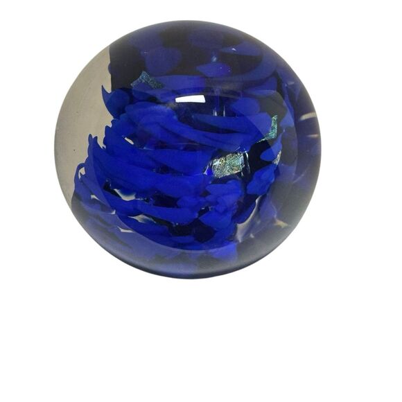 Cobalt Blue Striped Swirl Gold Flaked Glass Paperweight Bubbles - Artist Signed - Picture 7 of 14